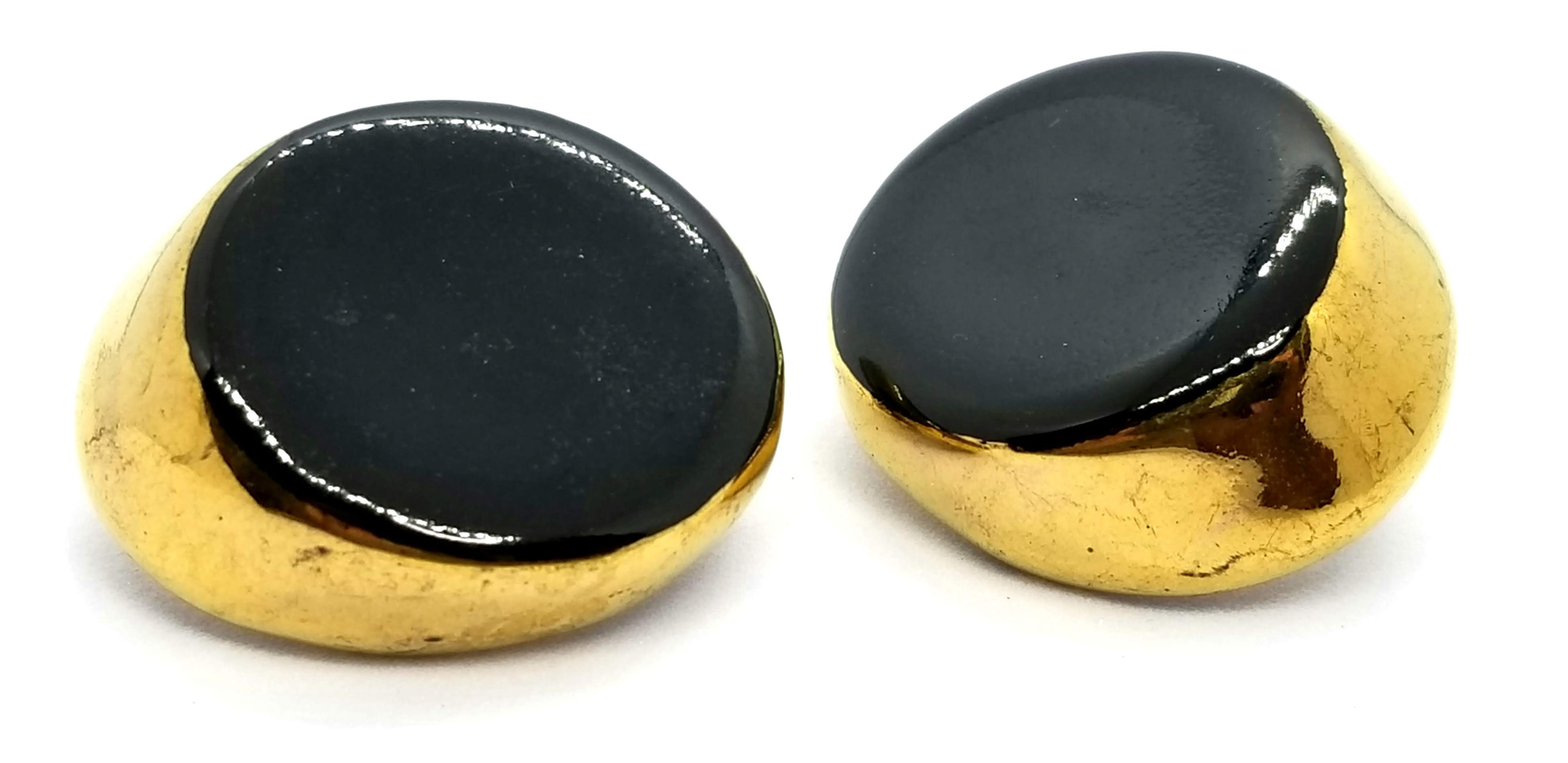 Designer by provenance, earrings, clip on, black cabochons, gold tone.