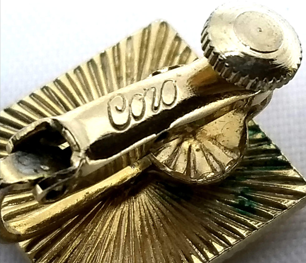 Thumbnail: Designer by Coro, earrings, clip on gold tone squares.