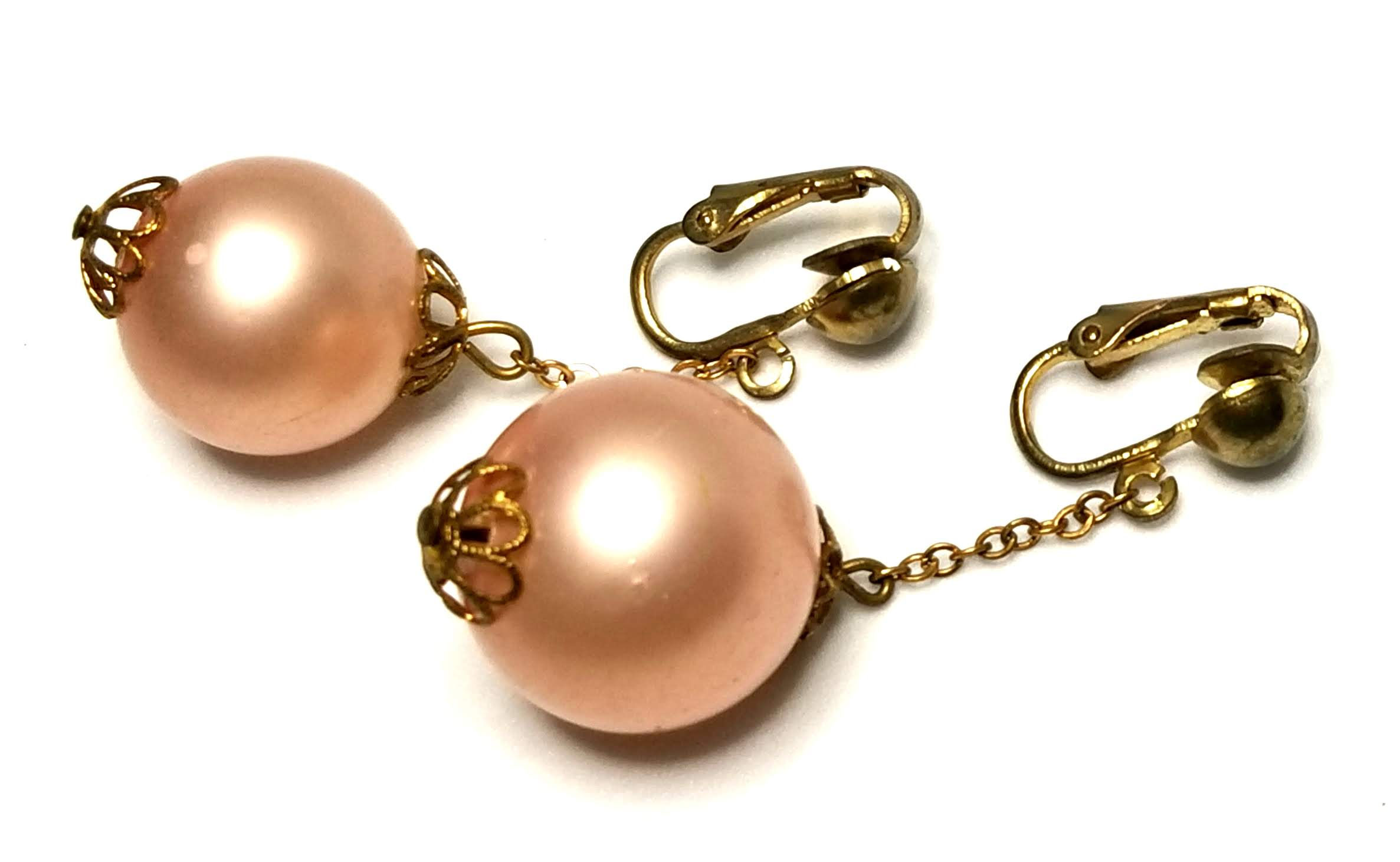 Designer by provenance, earrings, clip on drops, pink faux pearls, gold tone.
