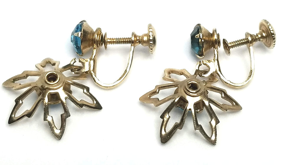 Thumbnail: Designer by provenance, earrings, clip on drops, blue faceted stones, silver ton