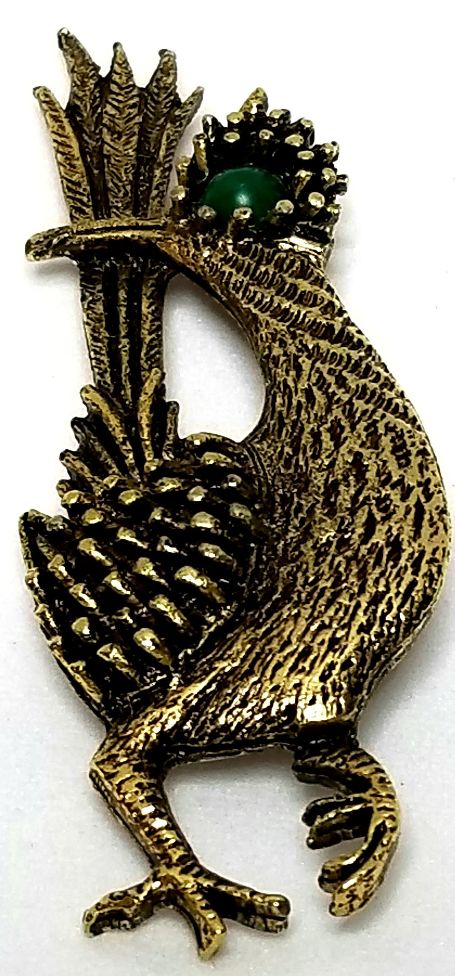 Designer by Ambassador, brooch, roadrunner motif, green stone in gold tone.