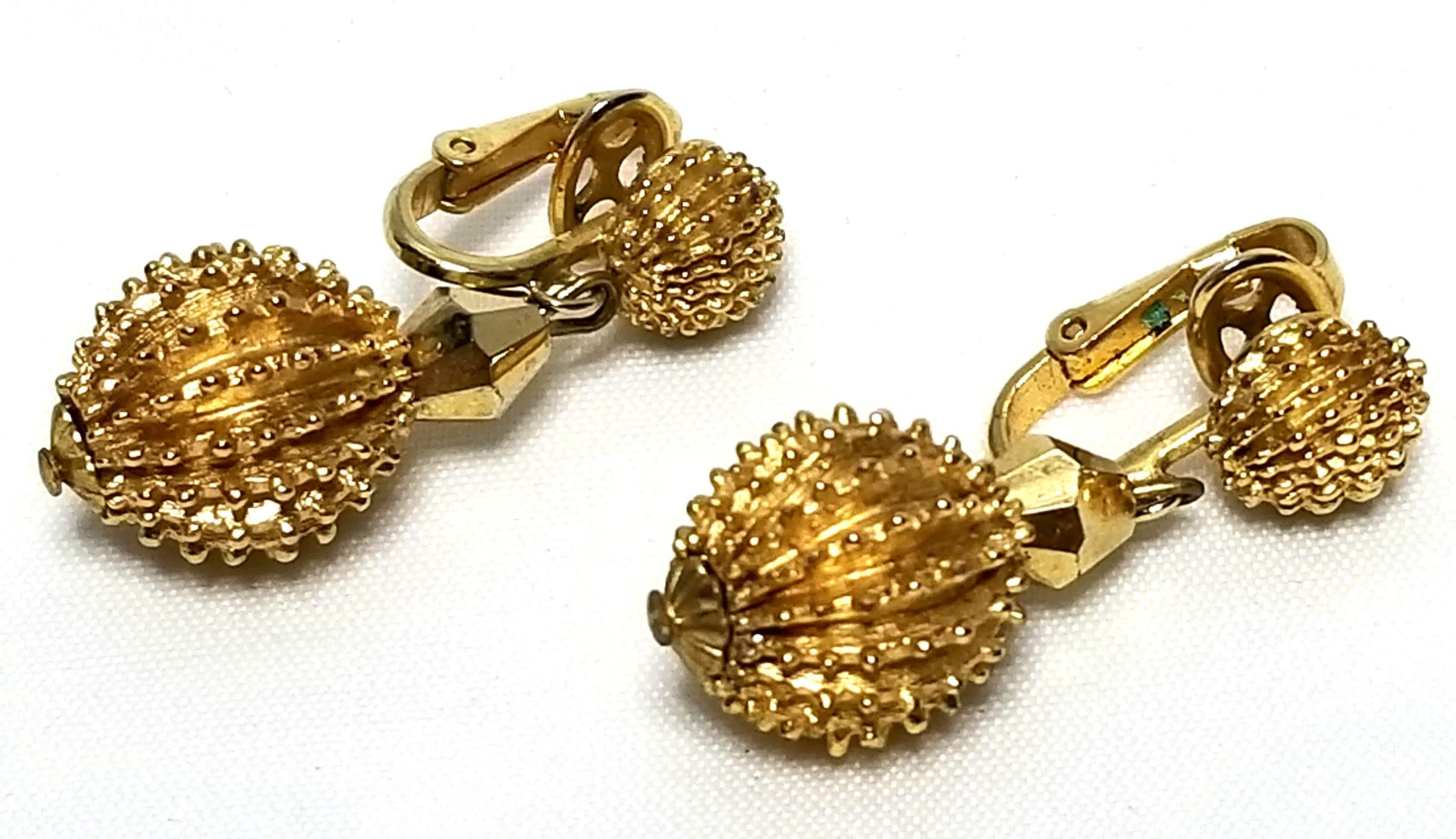 Designer by Crown Trifari, clip on dangle textured gold tone beads.