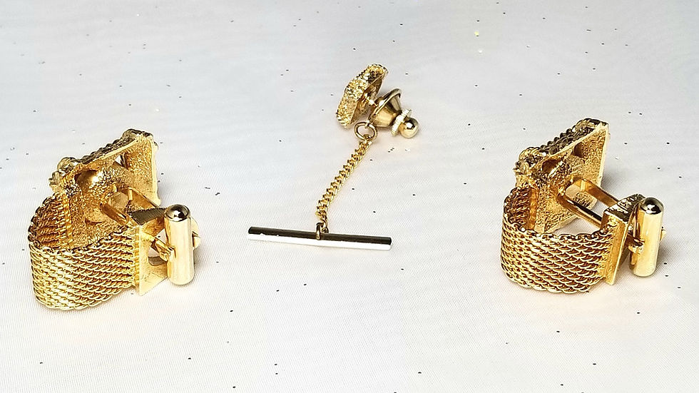 Thumbnail: Designer by provenance, set, bold cuff links and tie tack, green and gold