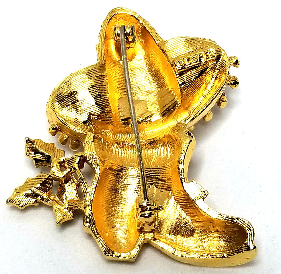Thumbnail: Designer by Corel, brooch, sombrero/boot motif, green leaves, gold tone.
