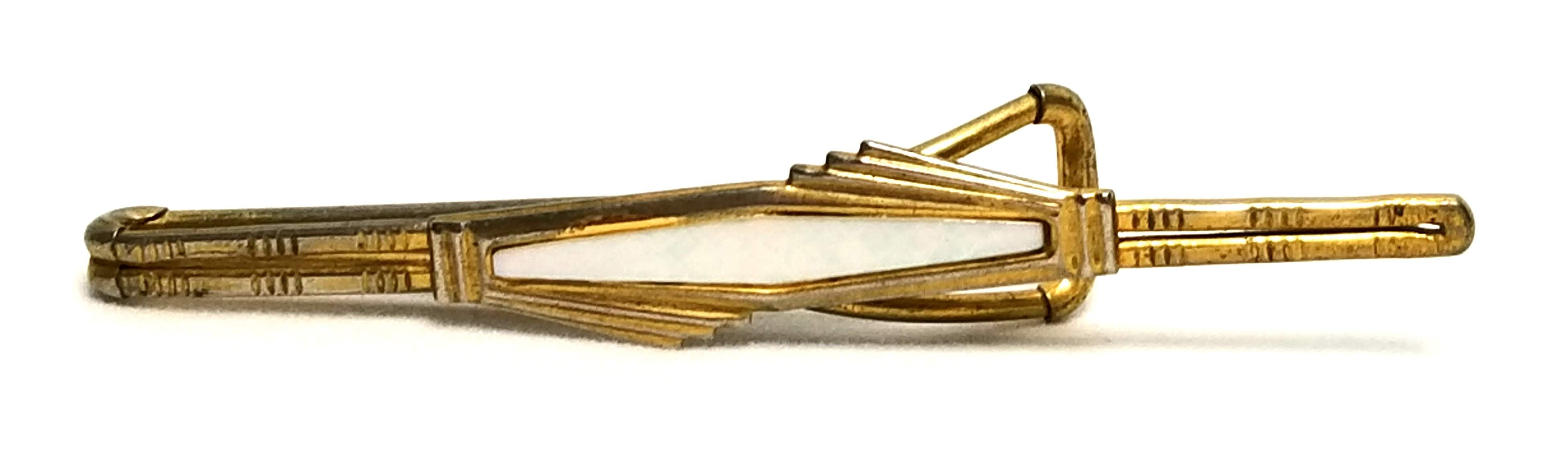 Designer by Provenance, tie bar, Mother of Pearl, gold tone, 1 5/8 x 3/8 inch