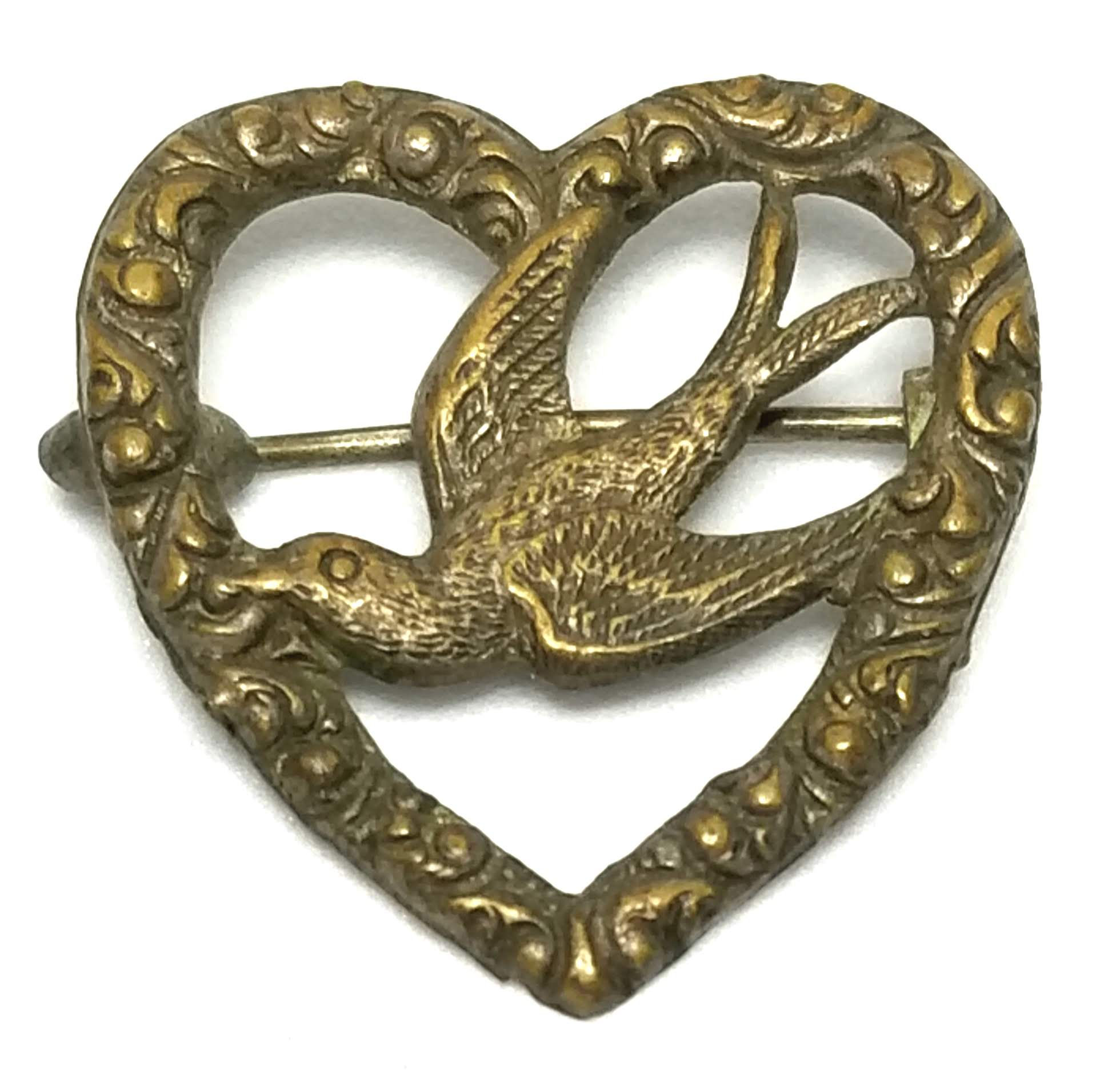 Designer by provenance, brooch, heart and bird motif, bronze, 1 x 1 inch.