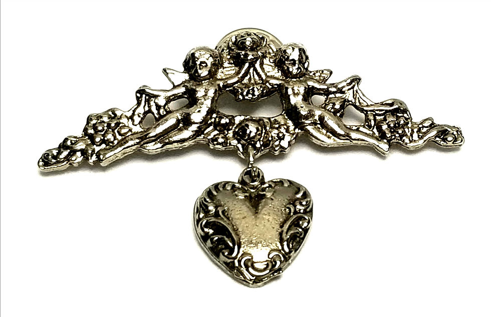 Designer by provenance, pin, angels with heart motif, silver tone, 2 1/2 inches.