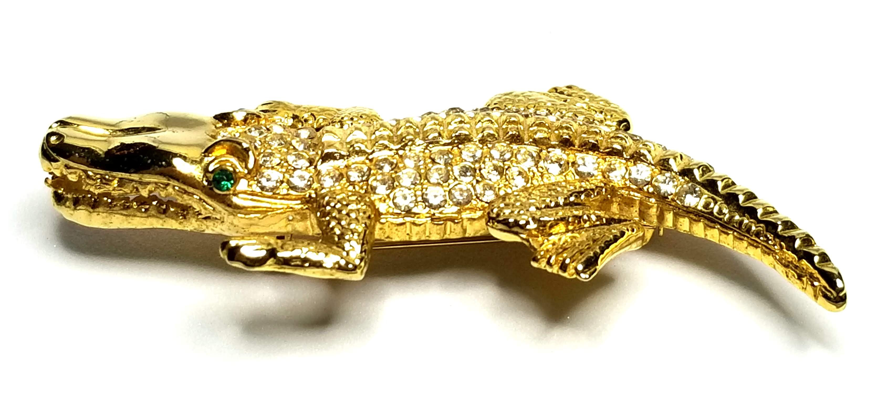 Designer by provenance, brooch, alligator motif, green stones, clear rhinestones