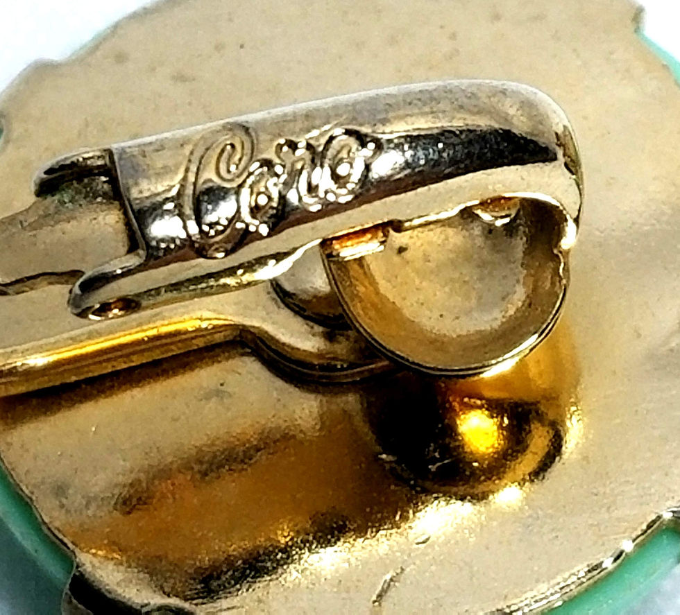 Thumbnail: Designer by Coro, earrings, clip on, mint green cabochons in gold tone pot metal