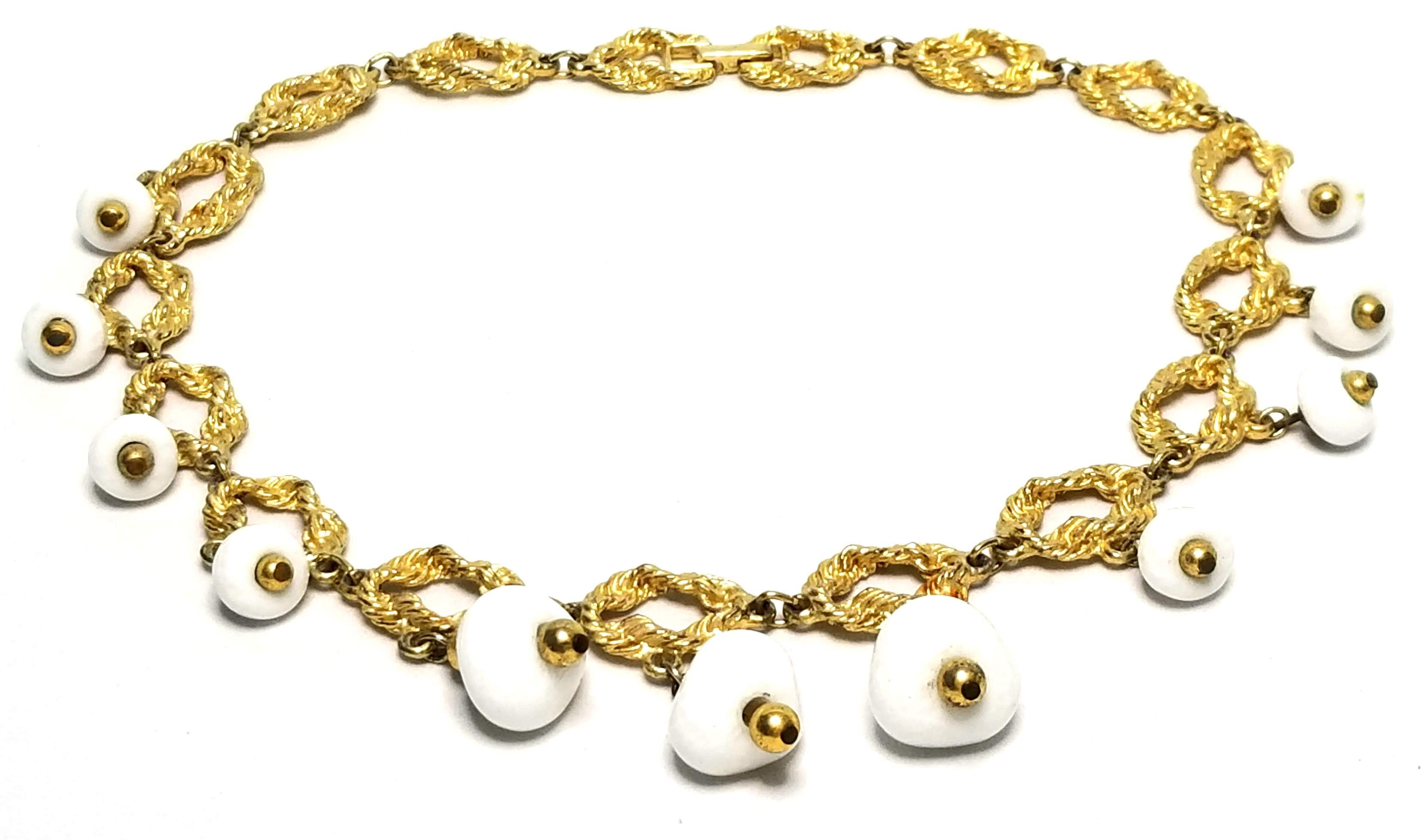 Designer by provenance, necklace, white beads, gold tone chains, 16 inches.