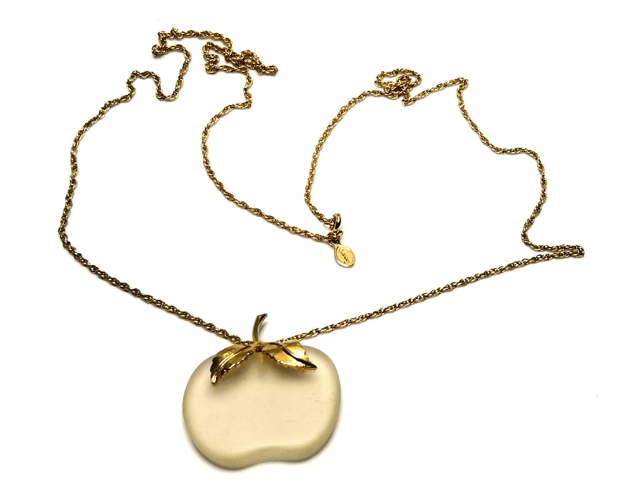 Designer by Avon, pendant necklace, apple motif, frosted clear glass, gold tone.