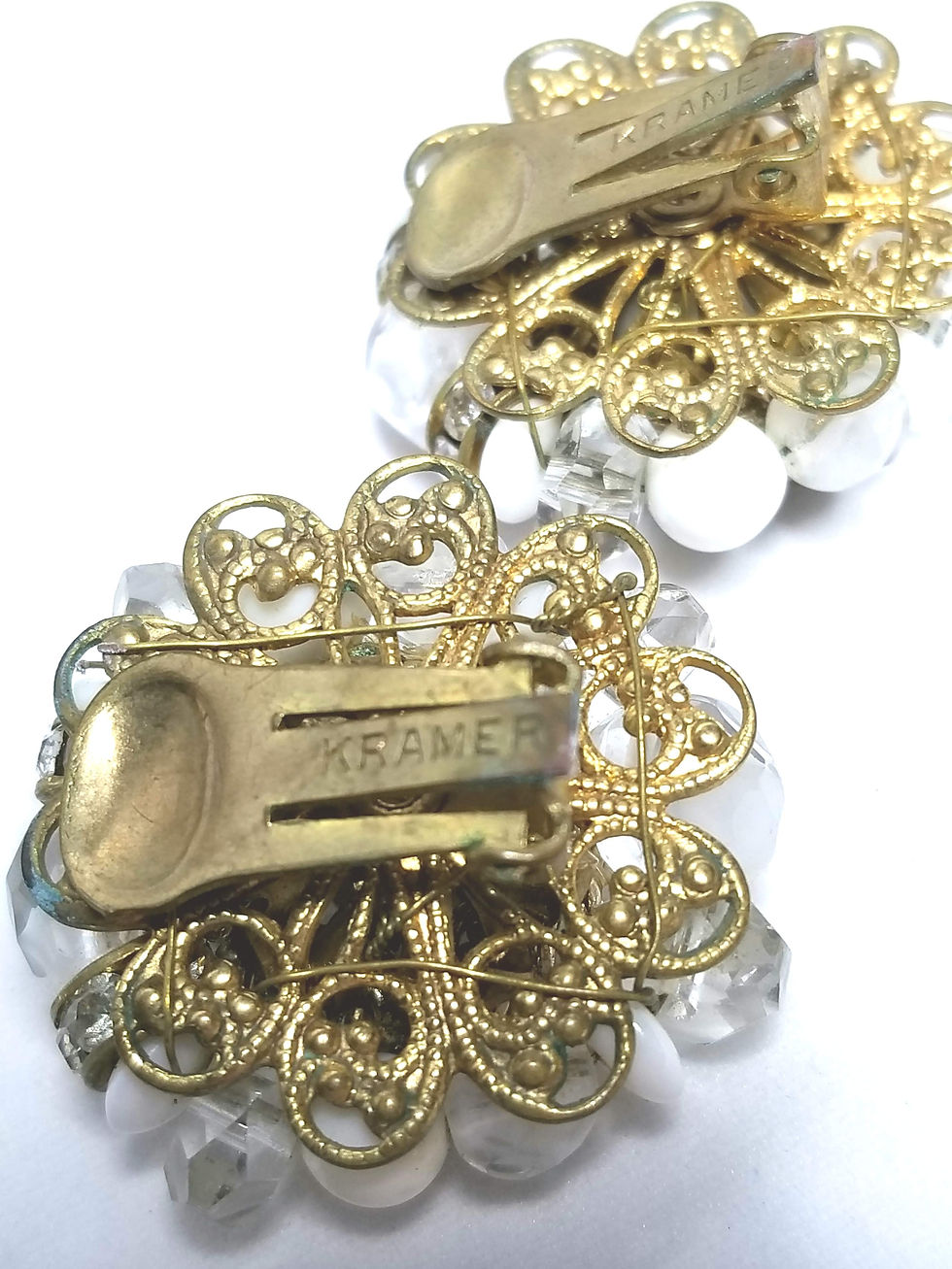 Thumbnail: Designer by Kramer, earrings, clip on, cluster motif, white and clear beads,