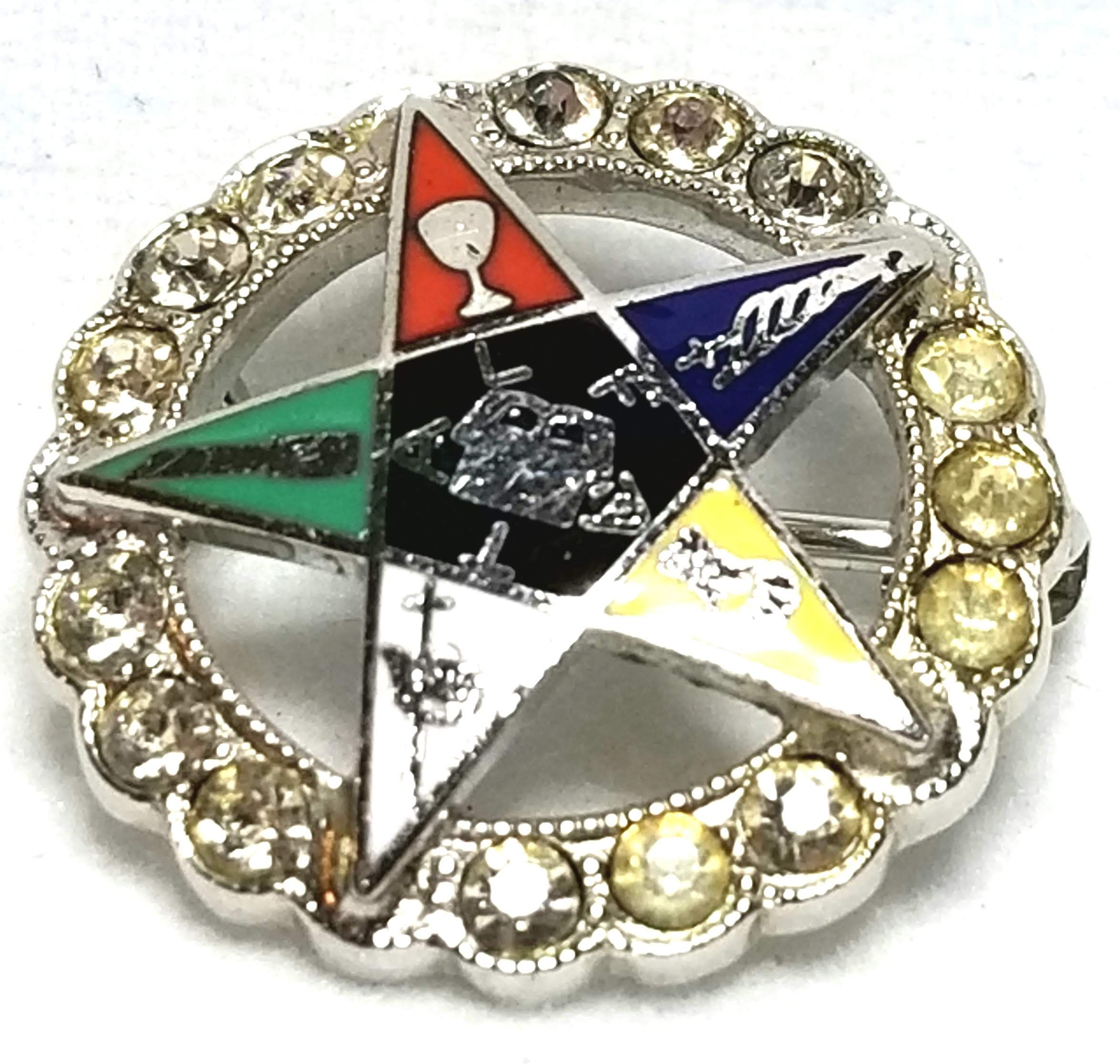Designer by provenance, pin, Masonic motif, multi color with crystals.