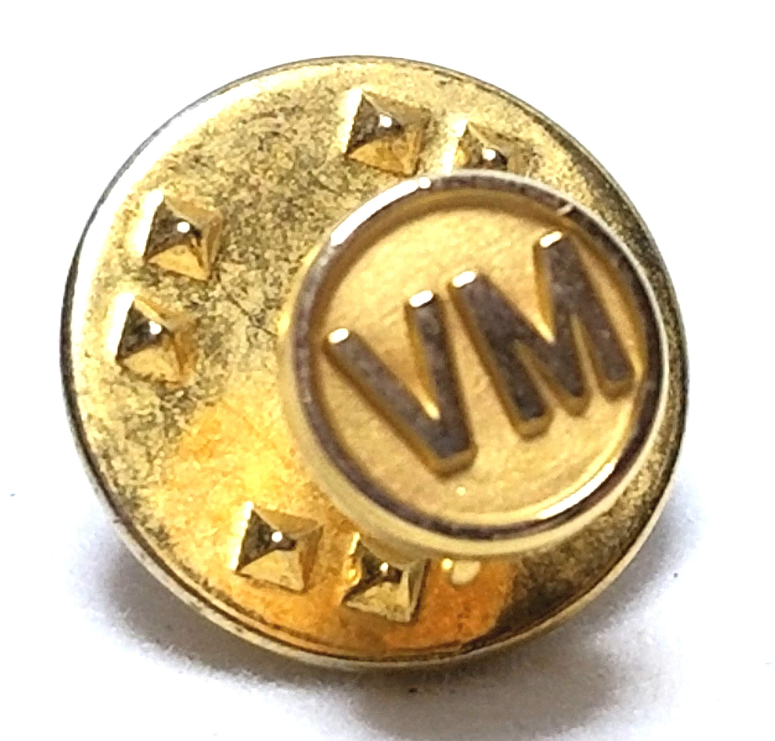 Designer by CTO, tie tack/pin, initials VM motif, gold tone, 1/4 inch.