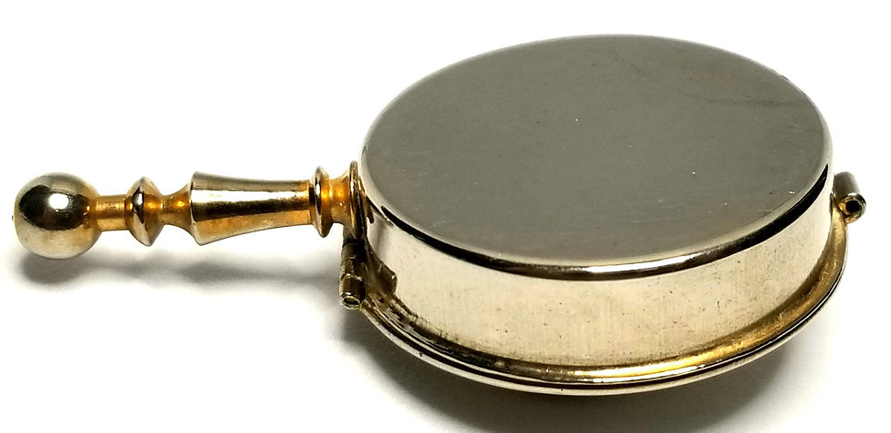 Thumbnail: Designer by provenance, pill box, hand mirror motif, multi color stones.