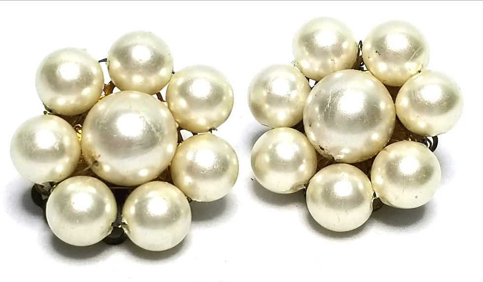 Designer by Japan, earrings, clip on white faux pearls, flower motif, gold tone.