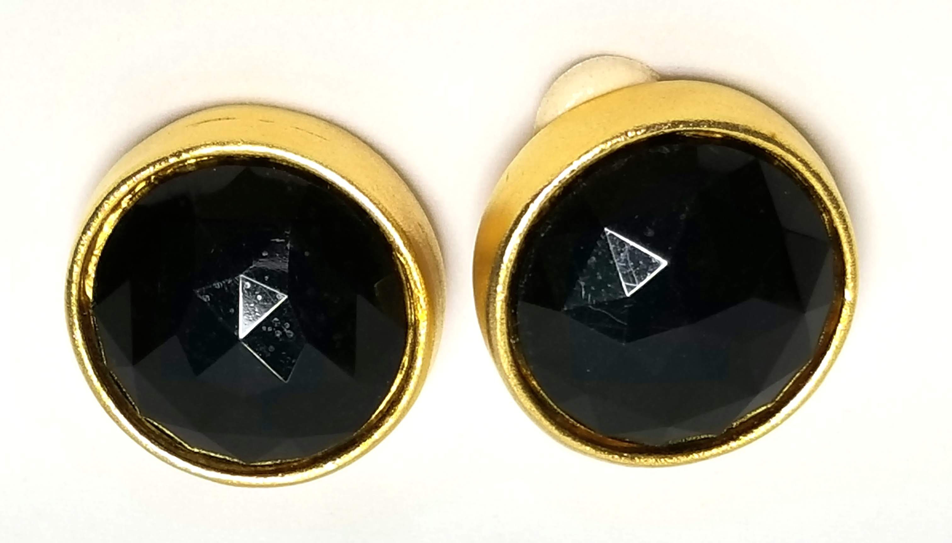 Designer by Les Bernard, earrings, clip on black faceted cabochons in gold tone.