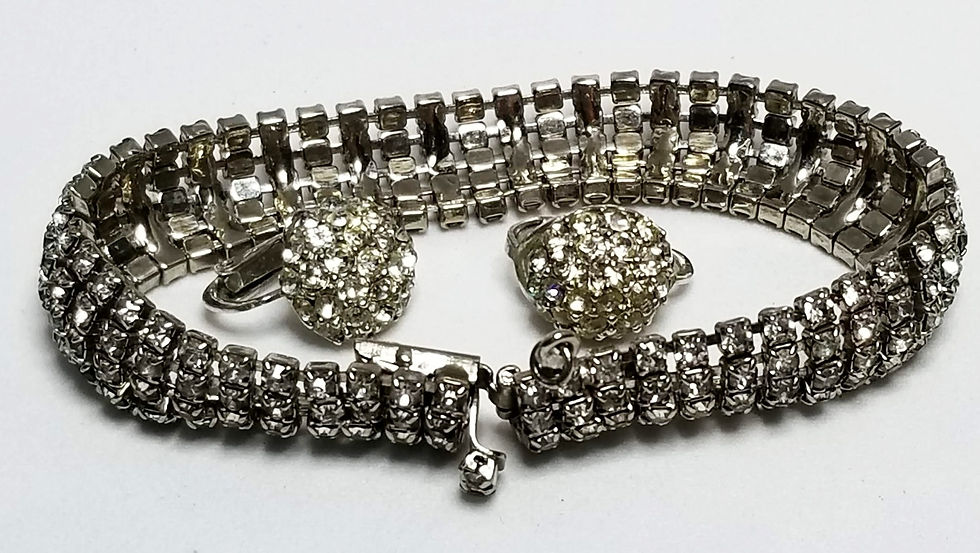 Thumbnail: Designer by Castle Cliff, set, bracelet and earrings, clear rhinestones.