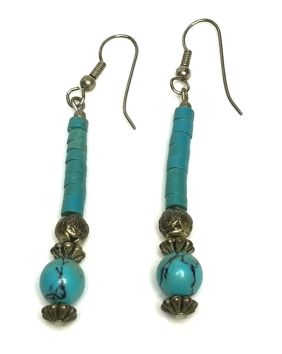 Thumbnail: Designer by provenance, earrings, pierced wire dangles, turquoise color beads.