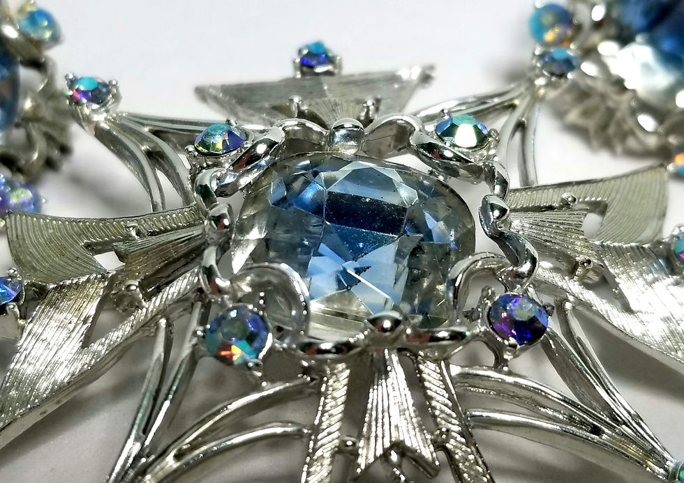 Thumbnail: Designer by Coro, set, slide pendant and earrings, blue glass stones, rh