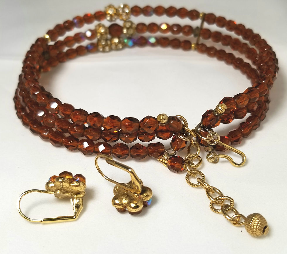 Thumbnail: Designer by provenance, set, choker and earrings, brown and AB crystal beads