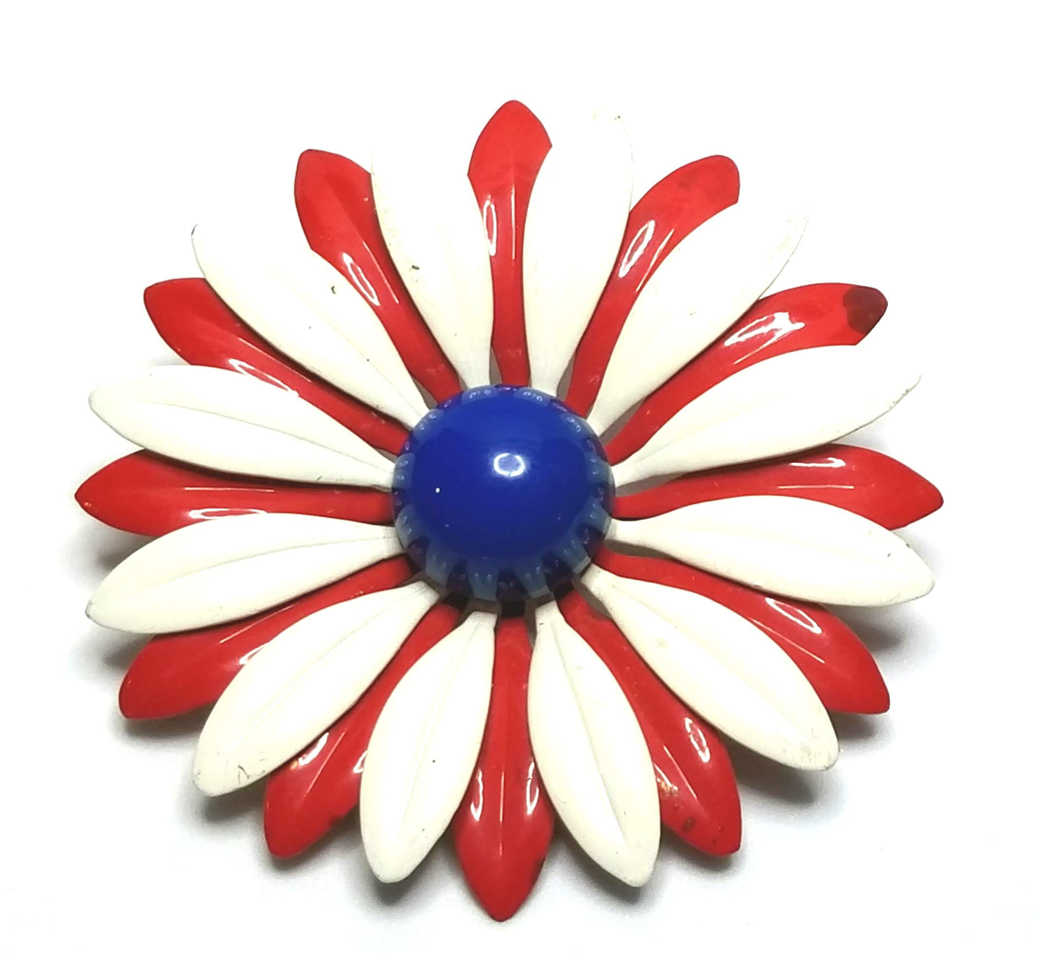 Designer by provenance, brooch, flower motif, red, white and blue, gold tone.