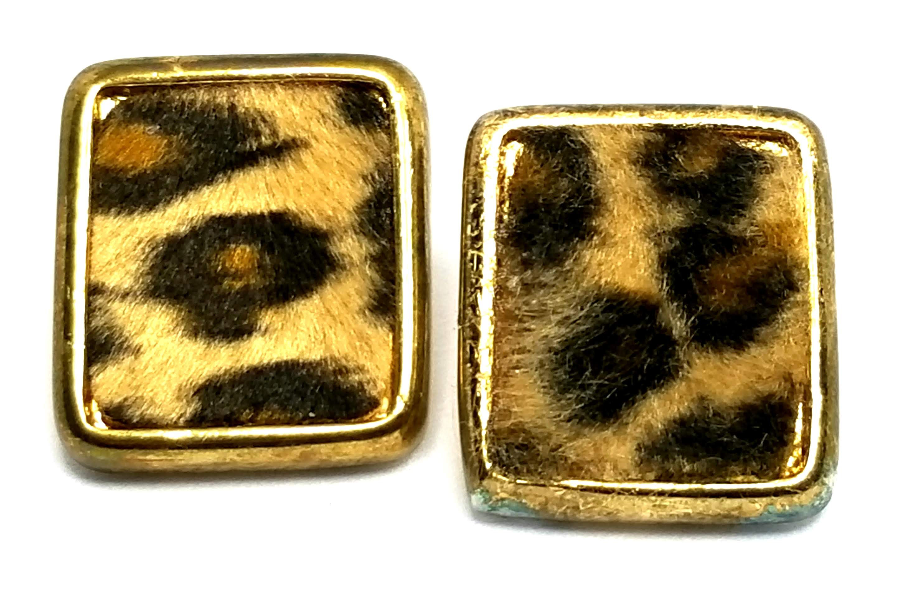 Designer by provenance, earrings, pierced posts, leopard print motif, gold tone.