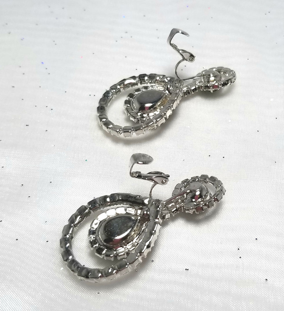 Thumbnail: Designer by provenance, earrings, green and clear crystals, clip on dangle