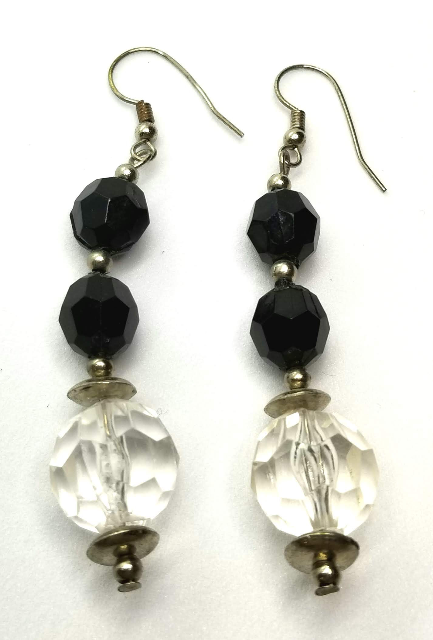 Designer by provenance, earrings, pierced wire dangles, black/clear faceted bead