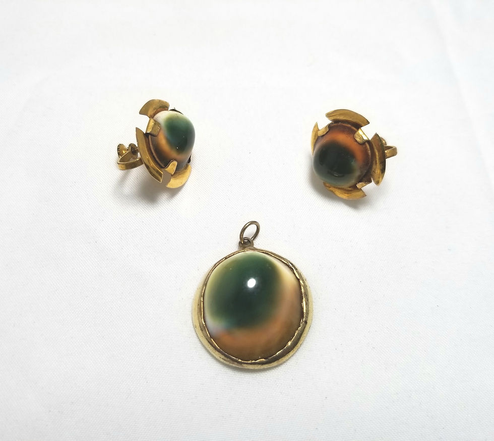 Designer by provenance earrings and pendant, green cats eye in gold tone metal.