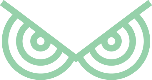Stylized green owl eyes logo on black background