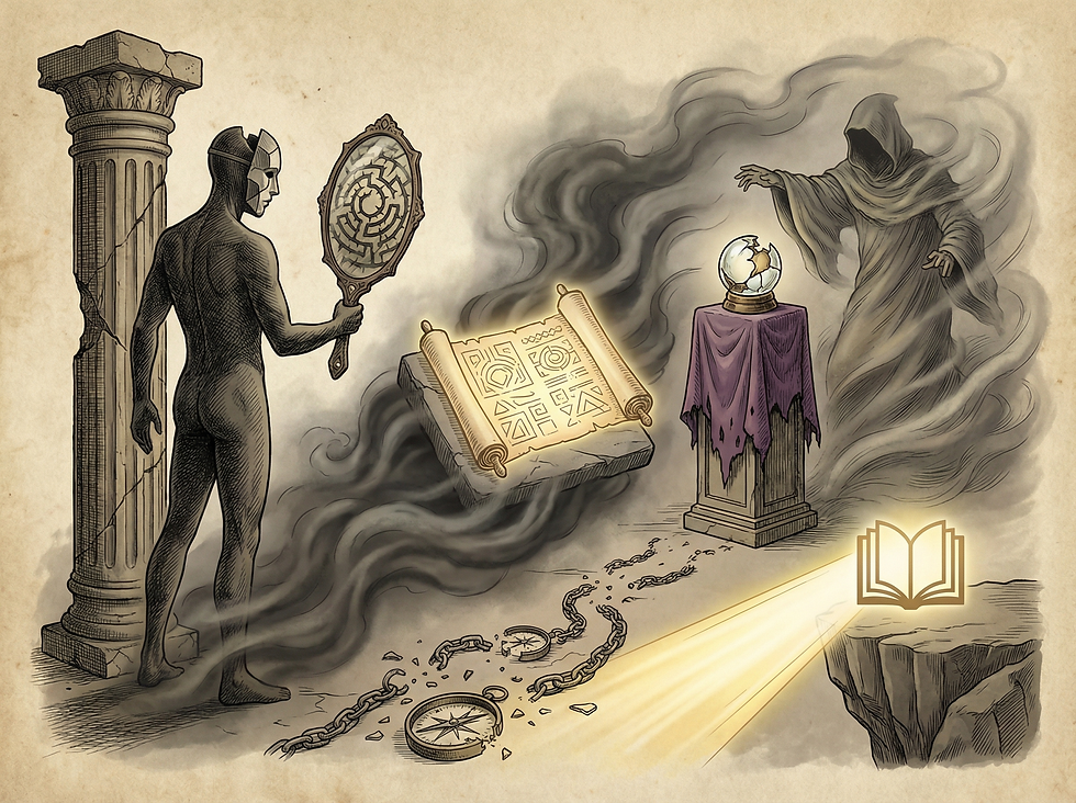 Imagen simbólica del anticristo y el falso profeta que confunden y encadenan, en contraste con la claridad liberadora de la verdad bíblica.