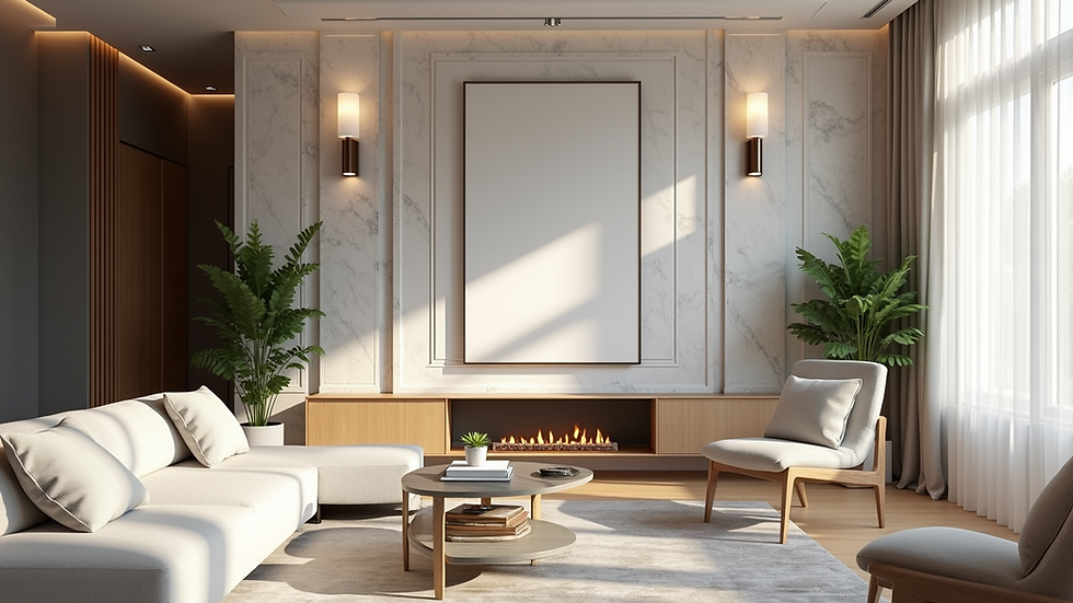 Eye-level view of a modern living room with marble accents and brass lighting fixtures