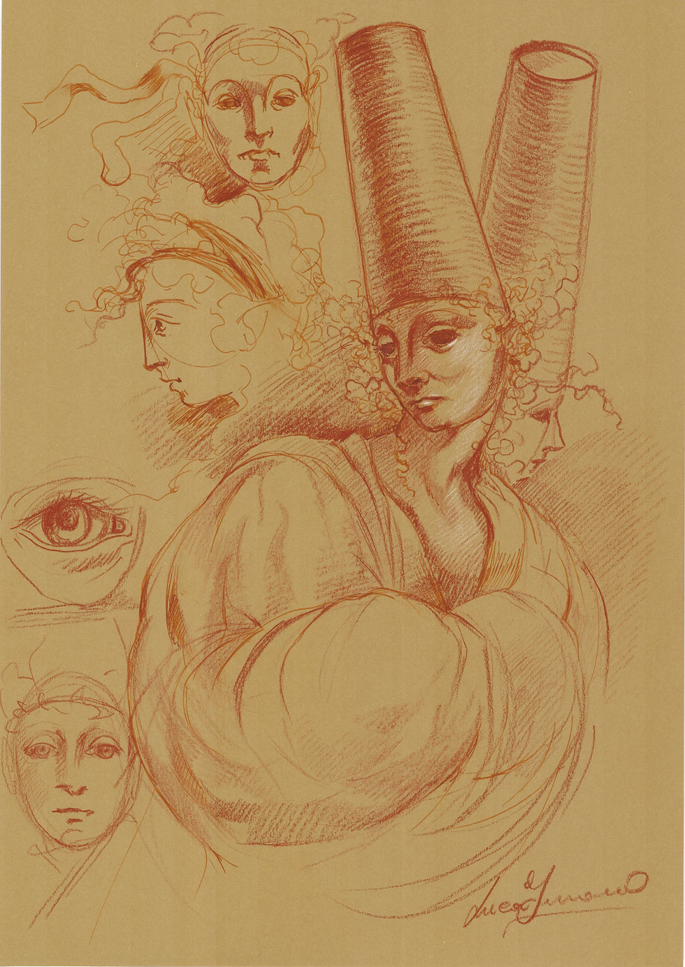 Disegno d'arte originale di Luca Ferraro N22, composizione figurativa con studi di figure umane e suggestioni fantastiche, te