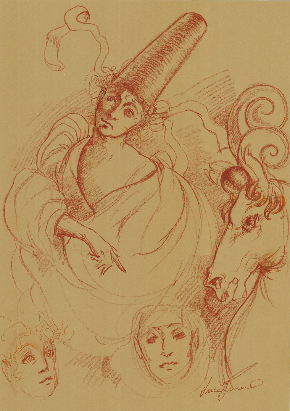 Disegno d'arte originale di Luca Ferraro N19, composizione figurativa con studi di figure umane e suggestioni fantastiche, te