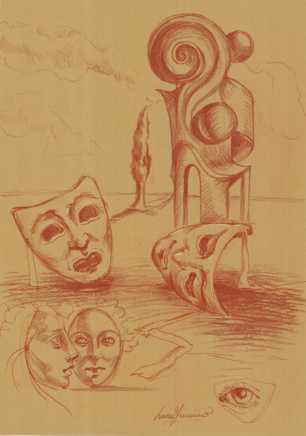 Disegno d'arte originale di Luca Ferraro N18, composizione figurativa con studi anatomici e figure umane, tecnica mista su ca