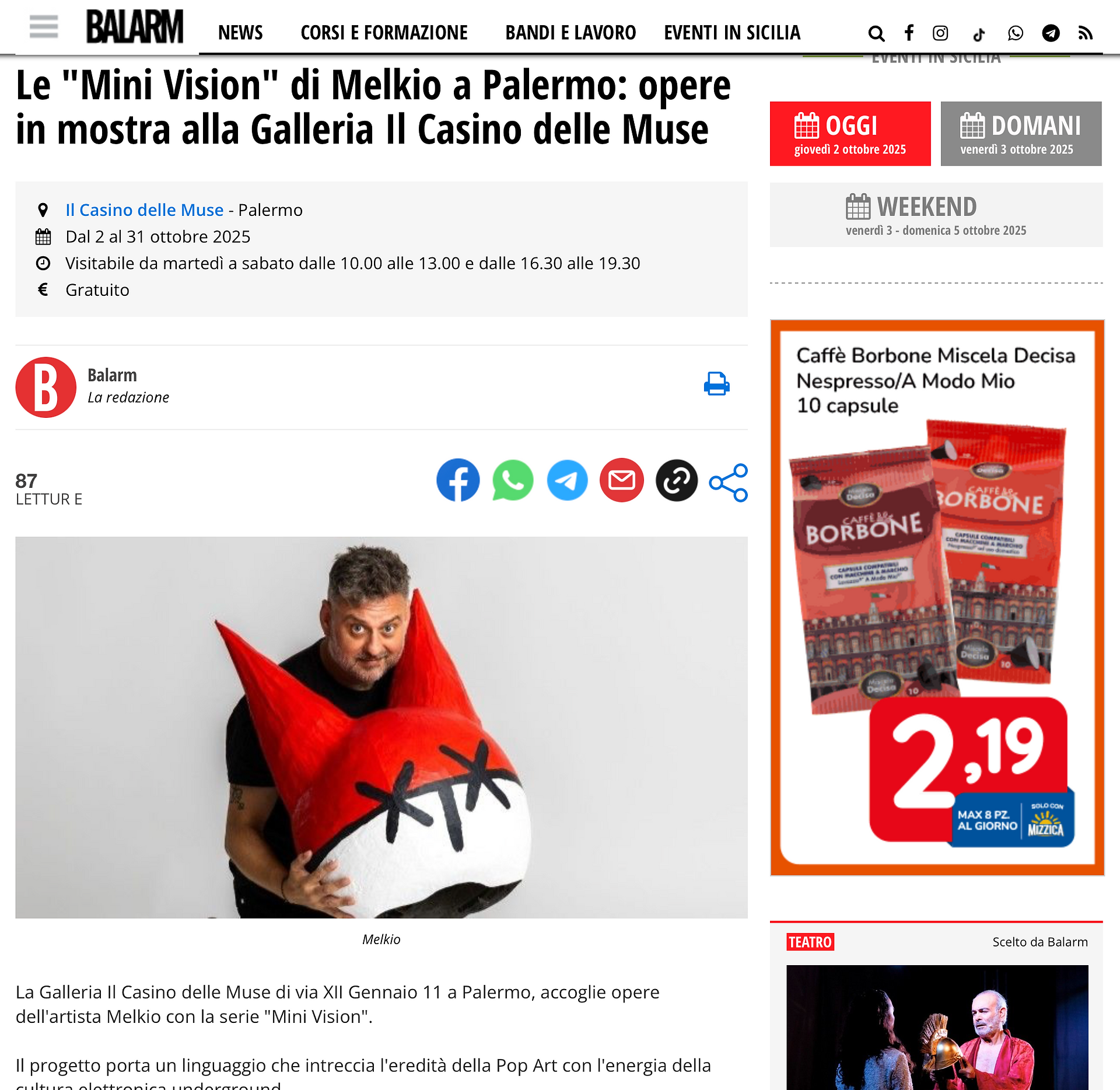 Mo' magazine articolo sull'artista Melkio presso la galleria d'arte il casino delle muse palermo
