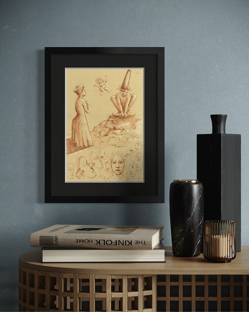 Disegno d'arte originale di Luca Ferraro N2, composizione figurativa con studi anatomici e figure umane, inchiostro su carta