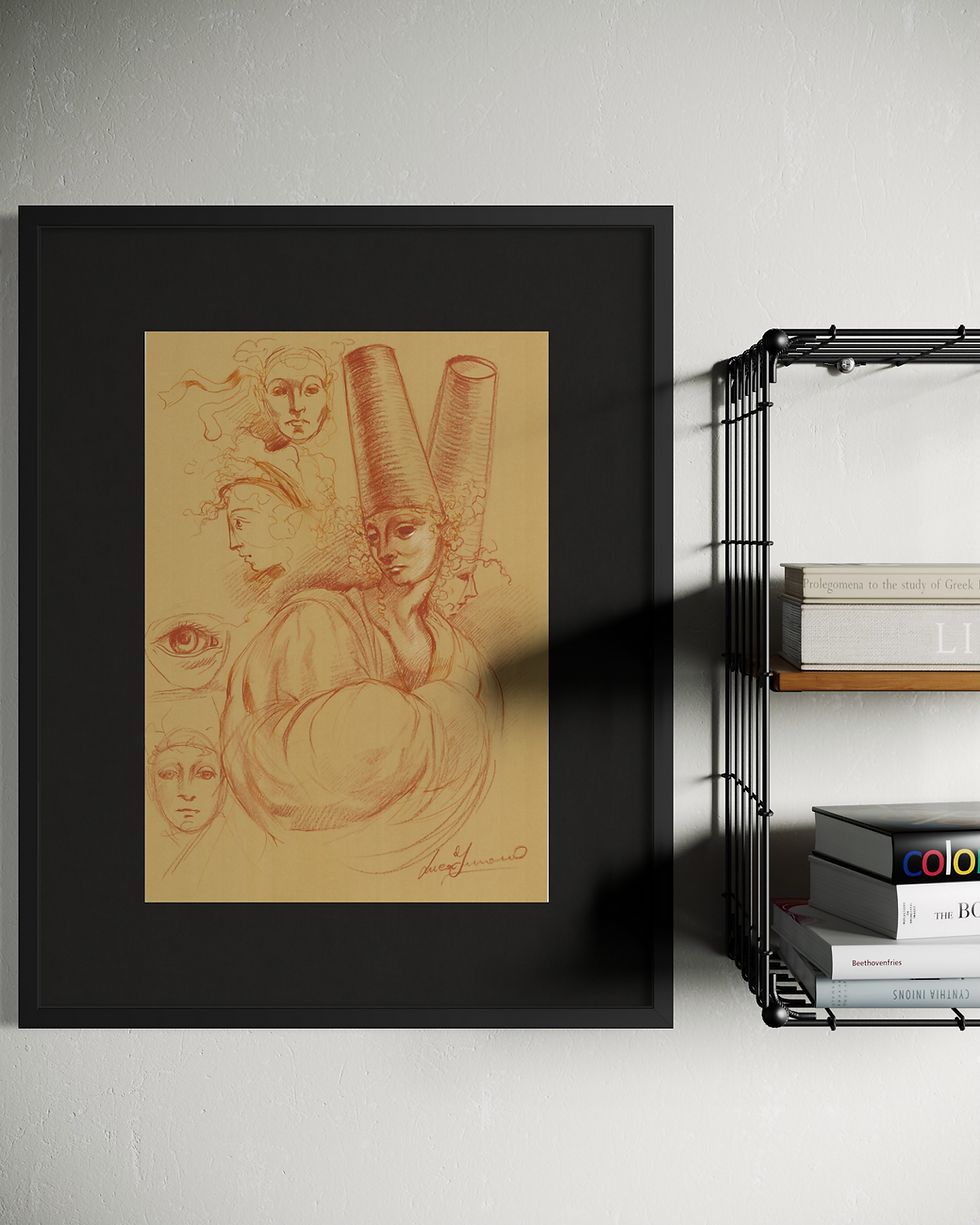 Disegno d'arte originale di Luca Ferraro N22, composizione figurativa con studi di figure umane e suggestioni fantastiche, te