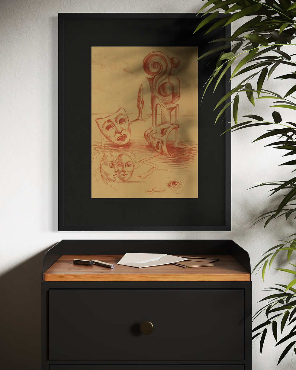 Disegno d'arte originale di Luca Ferraro N18, composizione figurativa con studi anatomici e figure umane, tecnica mista su ca