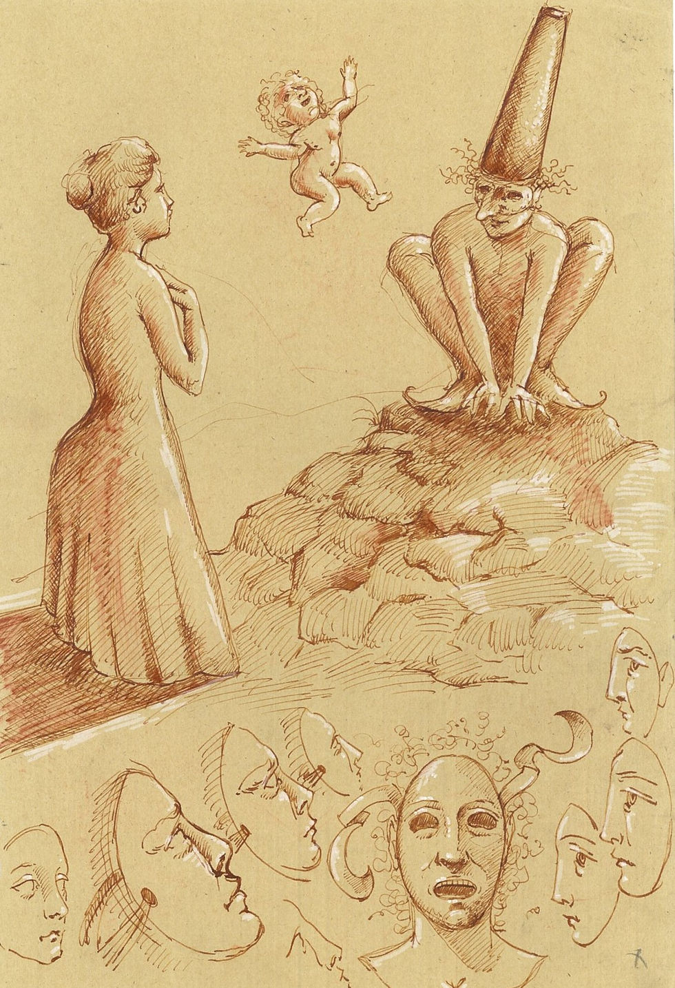 Disegno d'arte originale di Luca Ferraro N2, composizione figurativa con studi anatomici e figure umane, inchiostro su carta