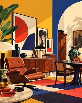 Interno con quadro originale, credenza vintage, lampada di design e oggetti di modernariato selezionati dal Casino delle Muse a Palermo