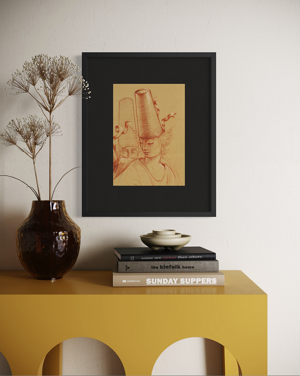 Disegno d'arte originale di Luca Ferraro N26, composizione figurativa con studi di volti e figure umane, inchiostro su carta