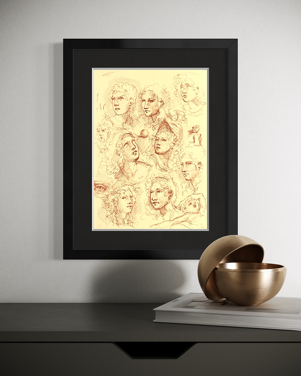 Disegno d'arte originale di Luca Ferraro N5, composizione figurativa con studi di figure e dettagli anatomici, inchiostro su
