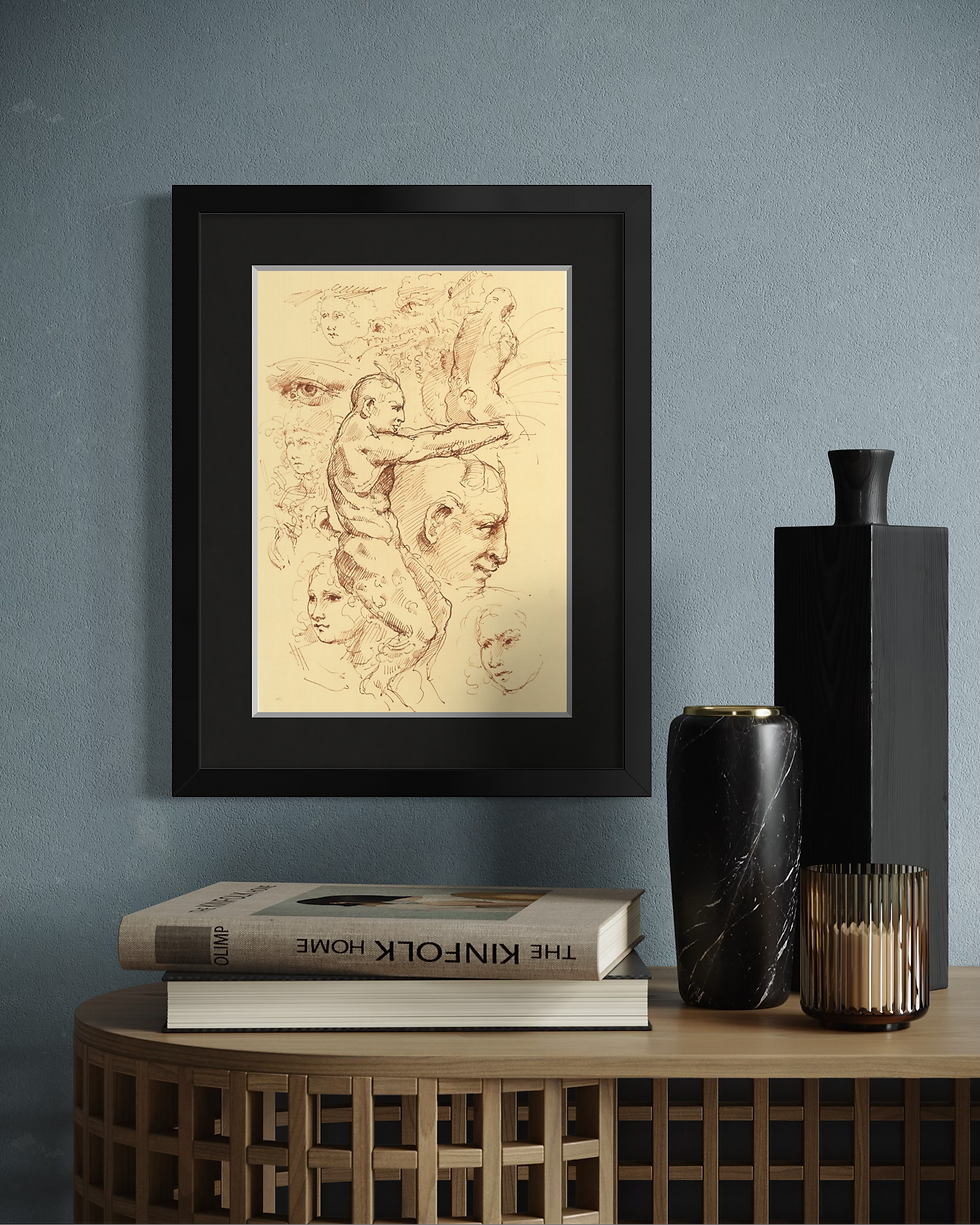 Disegno d'arte originale di Luca Ferraro N4, composizione figurativa con studi di volti e figure umane, inchiostro su carta d