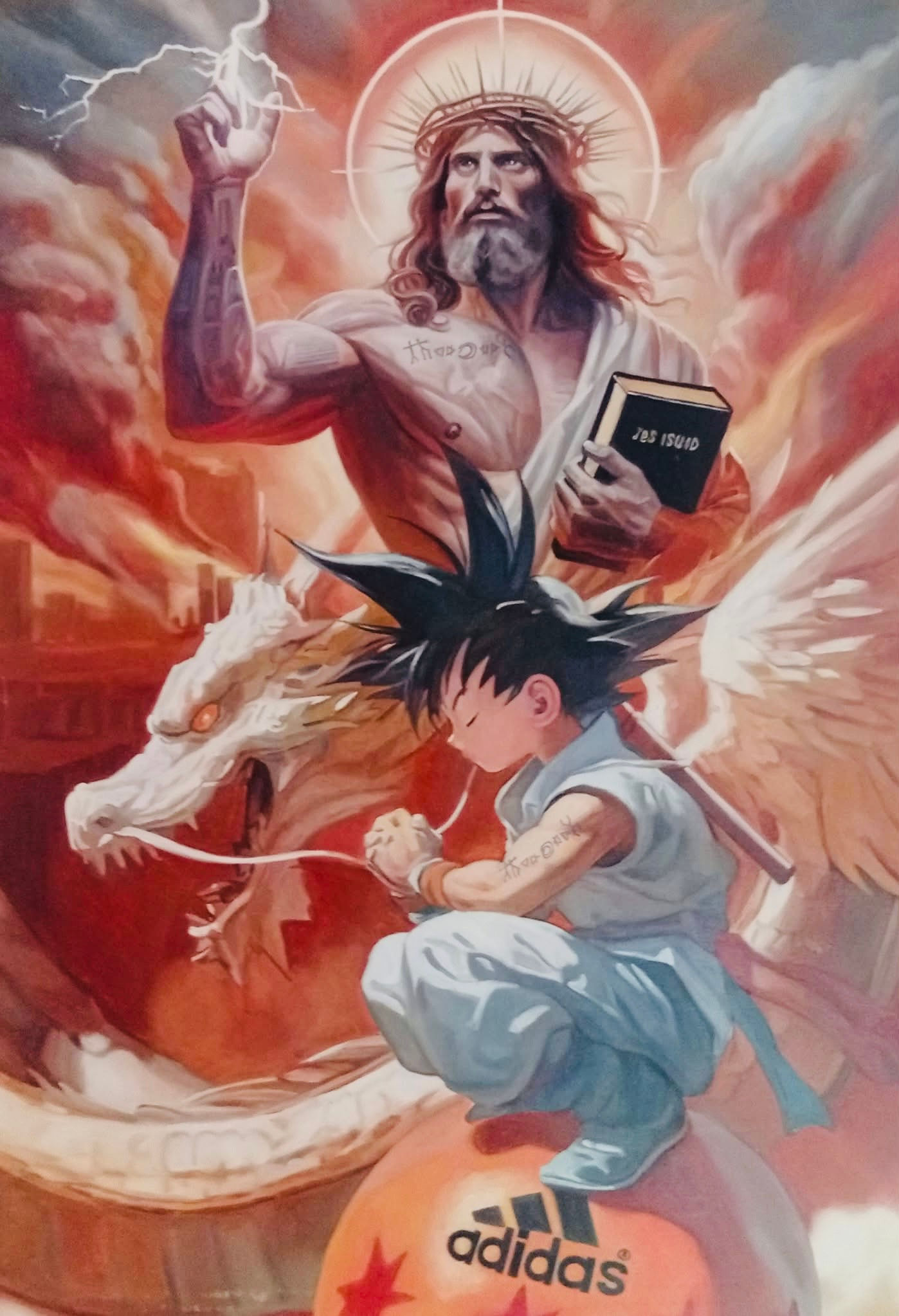 Collettivo GAS Evolution quadro Pop Art sul consumismo tra iconografia sacra, manga e marchio commerciale, olio su tela 70x50