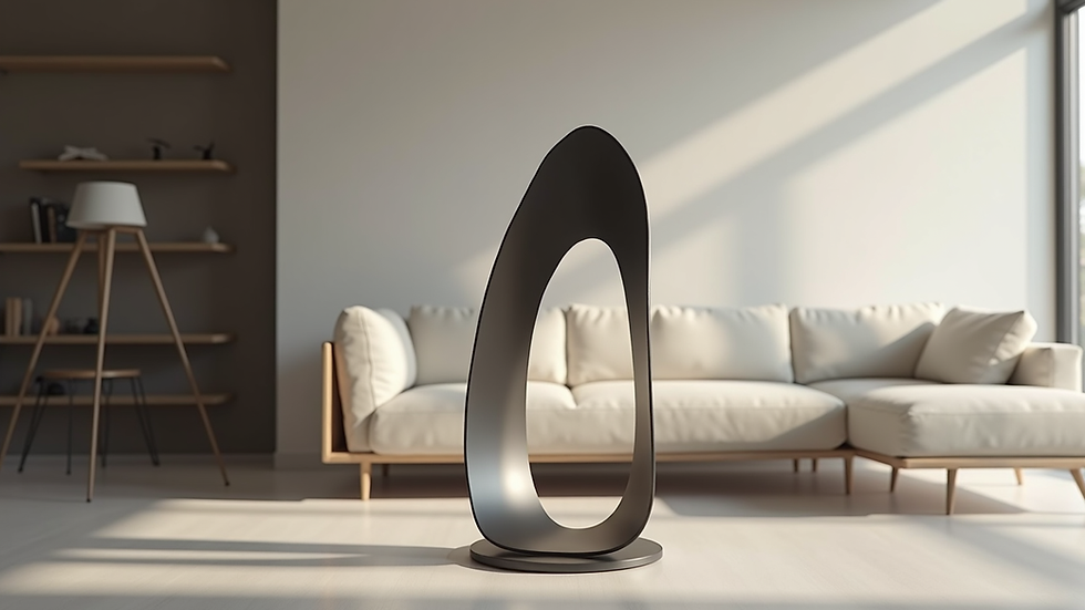 Eye-level view of a sleek modern metal sculpture in a minimalist living room