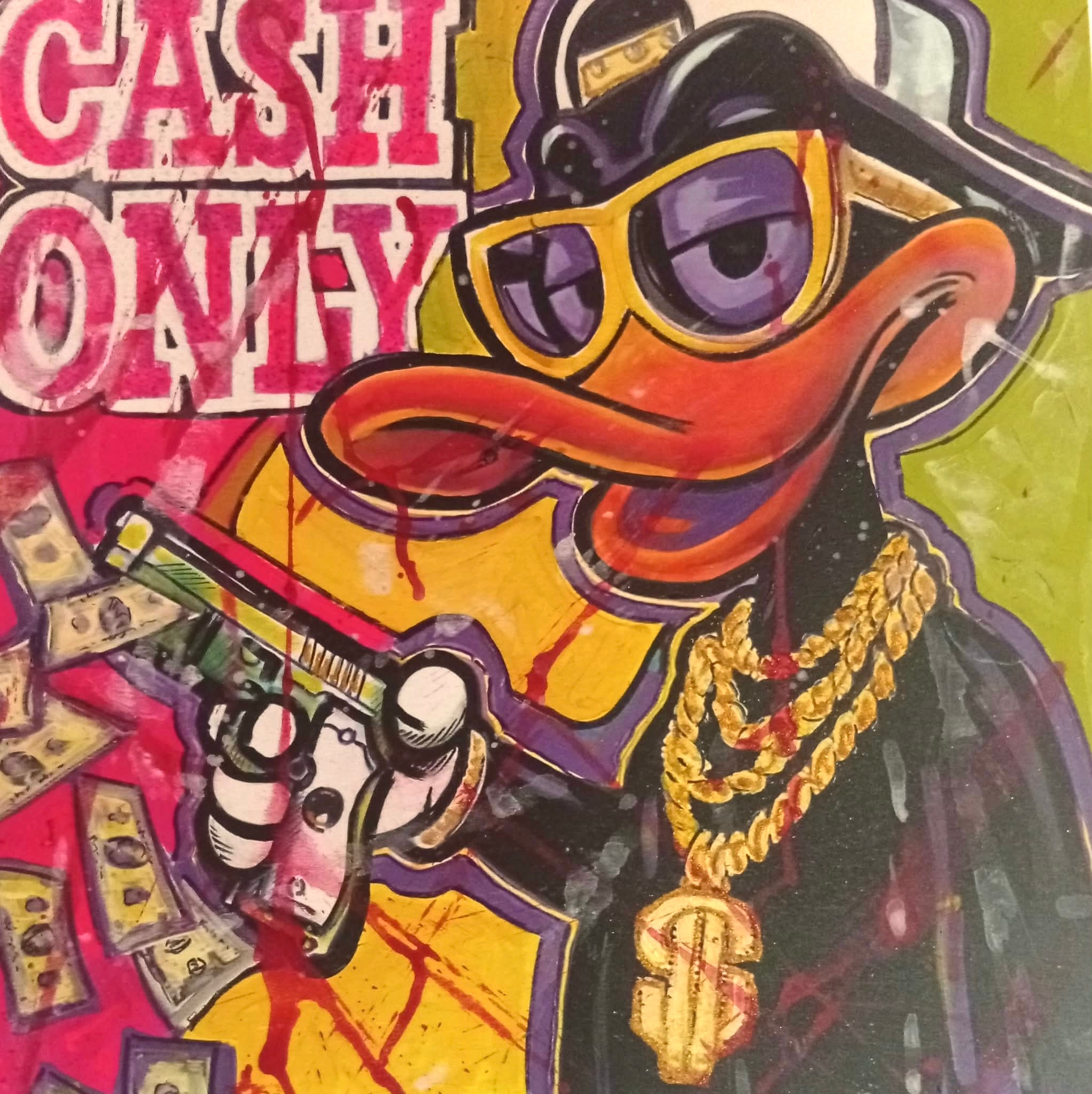 Collettivo GAS Six Seven quadro Pop Art contemporaneo con personaggio cartoon, dollari, catene dorate e scritta Cash Only, ol