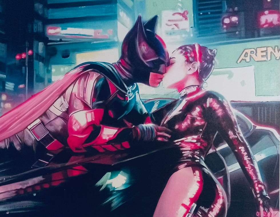 Collettivo GAS XoXo quadro Pop Art con bacio tra due eroine in una città contemporanea e automobile sullo sfondo, olio su tel