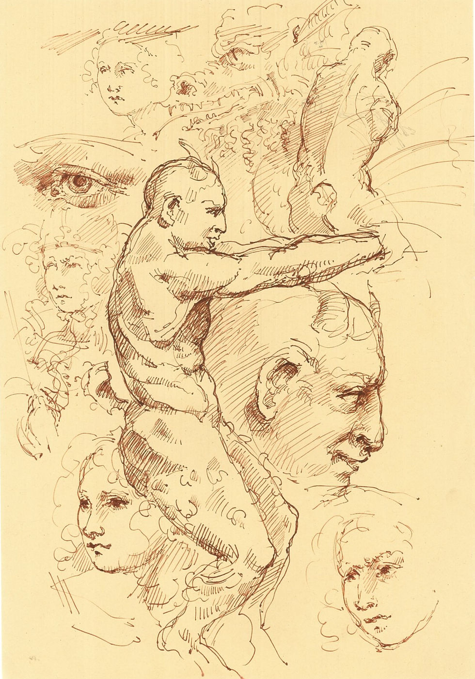 Disegno d'arte originale di Luca Ferraro N4, composizione figurativa con studi di volti e figure umane, inchiostro su carta d